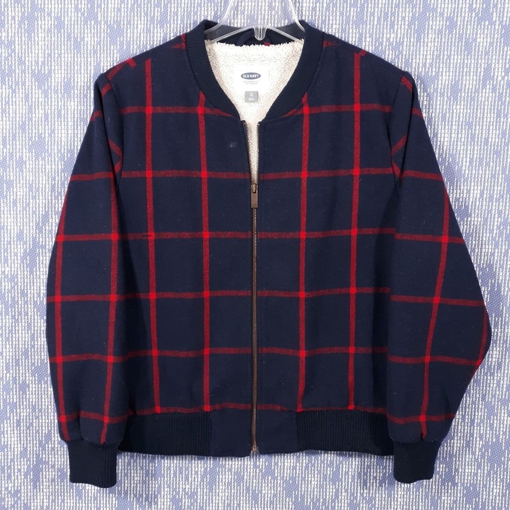 Old Navy Wool Blend Zip Up Jacket Sherpa Lined Navy Red Preppy Bomber Womens XL